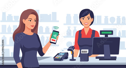 Modern flat vector illustration of person making contactless payment with smartphone at retail checkout counter, representing cashless economy and digital banking lifestyle