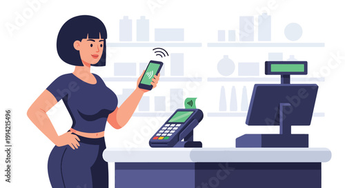 Modern flat vector illustration of person making contactless payment with smartphone at retail checkout counter, representing cashless economy and digital banking lifestyle