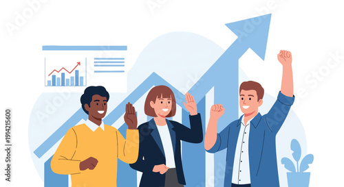 Modern flat vector illustration of diverse team celebrating business profit achievement in modern office with upward graph background, representing financial success and growth