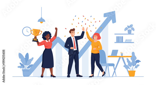 Modern flat vector illustration of diverse team celebrating business profit achievement in modern office with upward graph background, representing financial success and growth