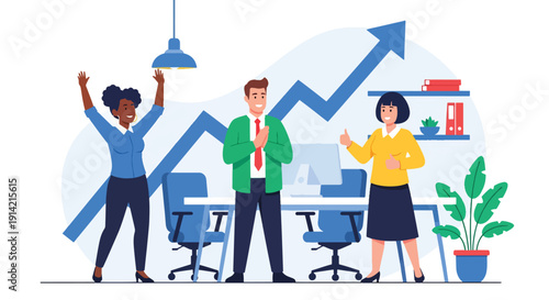 Modern flat vector illustration of diverse team celebrating business profit achievement in modern office with upward graph background, representing financial success and growth