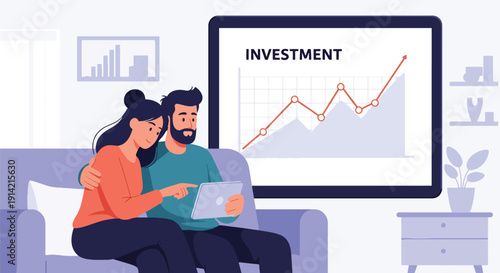 Modern flat vector illustration of couple reviewing investment portfolio on tablet while sitting on sofa at home, representing wealth planning and financial management