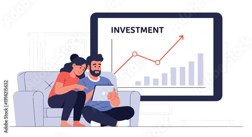 Modern flat vector illustration of couple reviewing investment portfolio on tablet while sitting on sofa at home, representing wealth planning and financial management