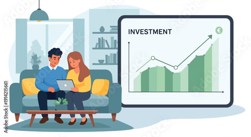 Modern flat vector illustration of couple reviewing investment portfolio on tablet while sitting on sofa at home, representing wealth planning and financial management