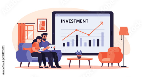 Modern flat vector illustration of couple reviewing investment portfolio on tablet while sitting on sofa at home, representing wealth planning and financial management