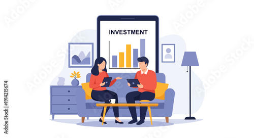 Modern flat vector illustration of couple reviewing investment portfolio on tablet while sitting on sofa at home, representing wealth planning and financial management