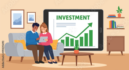 Modern flat vector illustration of couple reviewing investment portfolio on tablet while sitting on sofa at home, representing wealth planning and financial management