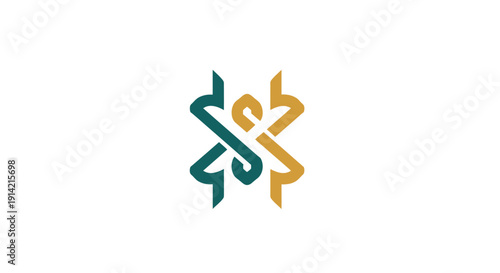 Interconnected abstract shapes in green and yellow forming a unique symbol.