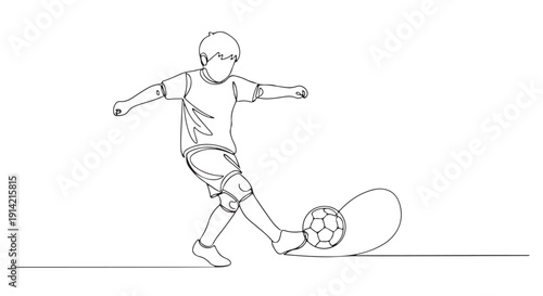 A Young Boy Kicking a Soccer Ball in a Minimalist Single-Line Drawing Illustration