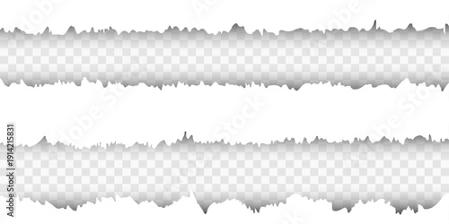Vector torn hole in sheet of paper. Transparent background of resulting window. Realistic paper rips texture design mockup. 