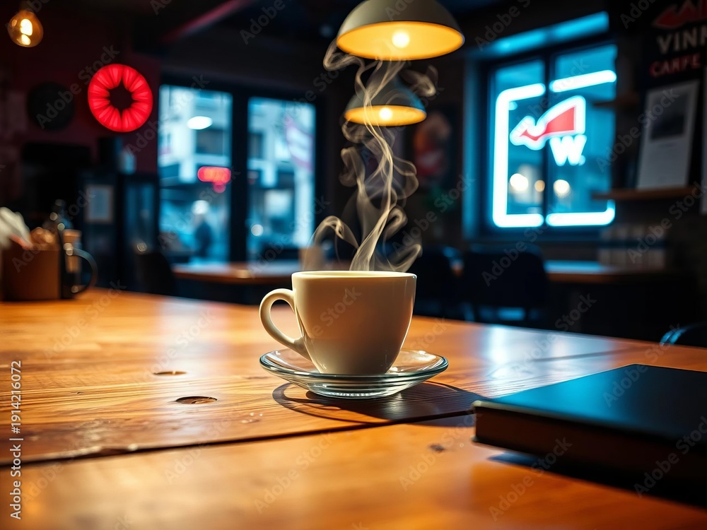 Obraz premium Wooden desk surface, coffee steam rising Winter cafe ambiance, stark shadows Flat lay , vintage, straight on