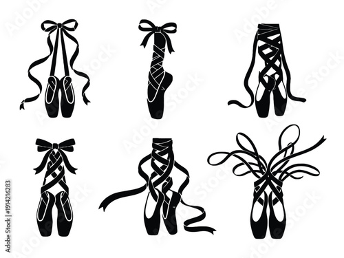6 Premium Ballet Pointe Shoe Silhouettes | Elegant Ribbon & Bow Vector Bundle