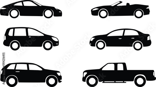 Six black silhouettes of various cars on a white background