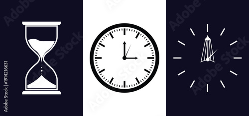 Watch , timer or sand timer icon set . navy blue and white silhouette set . Vector illustration