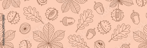 Seamless pattern of hand-drawn leaves, acorns, and chestnuts on a peach background. The illustration conveys a natural, autumnal theme.