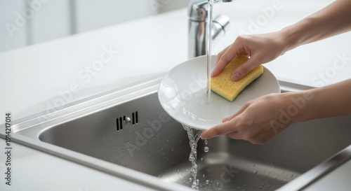 Washing dishes in the kitchen sink with a sponge and running water