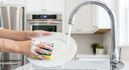 Woman washing a plate with a sponge under running water in a modern kitchen sink.