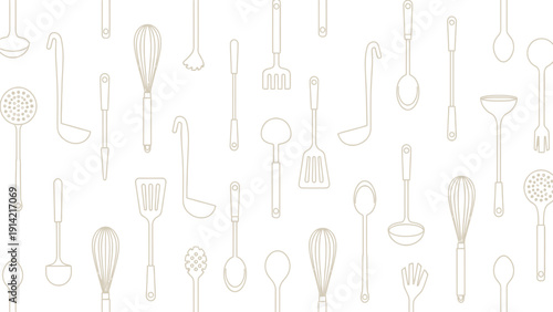 Seamless pattern of kitchen utensils like spatulas, ladles, and whisks in thin, light brown outlines on a white background, conveying a clean, organized feel.