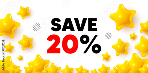 Discount winner banner with 3d stars. Golden stars banner. Save 20 percent off tag. Sale Discount offer price sign. Special offer symbol. Review rate background. Vector