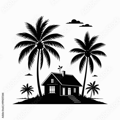 A serene black and white illustration of a house with palm trees