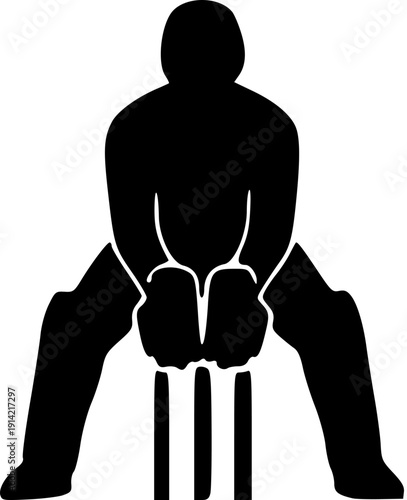 Silhouette of a cricket wicket-keeper crouching behind stumps