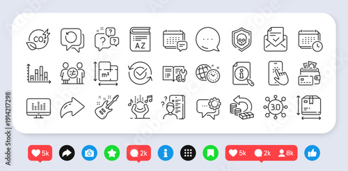 Approved mail, Diagram graph and Vocabulary line icons pack. Social media: share, comment, like icons. Music making, Search, Question bubbles web icon. Approved, Noise, Cyber attack pictogram. Vector