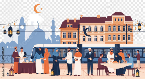 People gathered at a market with buildings and a train in background.