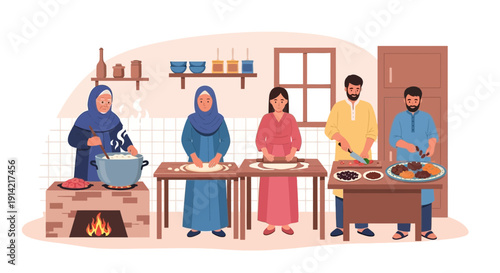 Family preparing food together in a rustic kitchen setting.