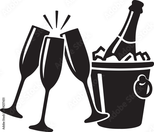 Final toast champagne clinking flutes bottle and ice bucket silhouette vector illustration
