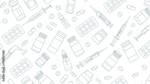 Pattern of hand-drawn medical items, including bottles, syringes, pill blisters, and capsules, evenly spaced on a white background, evoking a clinical theme.