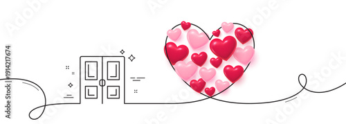 Door line icon. Continuous line big heart. Building entrance sign. Exit doorway symbol. 3d hearts in heart shaped loop. Door single line ribbon. Loop curve pattern. Vector