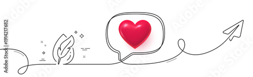 Hypoallergenic tested line icon. Continuous line with share plane. Feather sign. No synthetic symbol. 3d heart in speech bubble. Hypoallergenic tested single line ribbon. Loop curve pattern. Vector