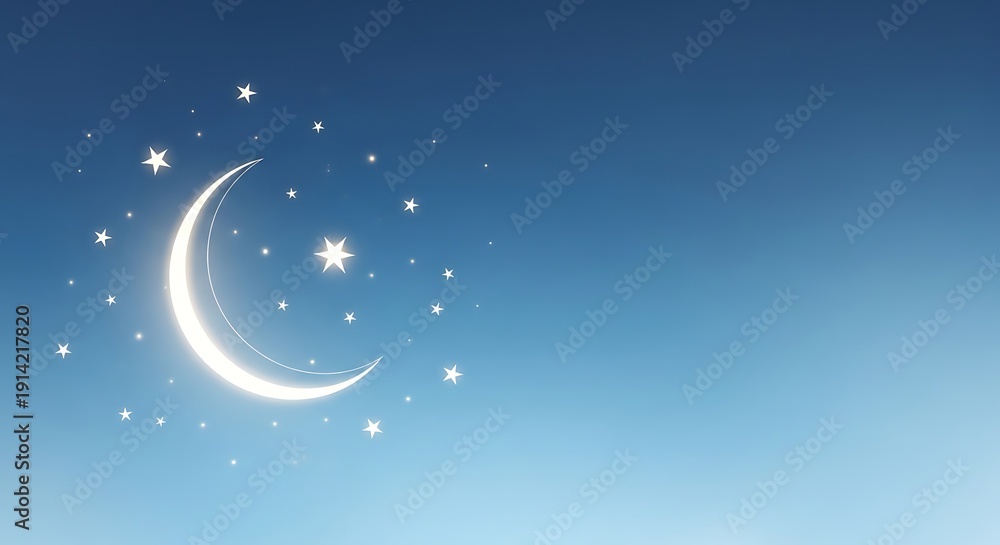 Fototapeta premium Glowing crescent moon and stars shining brightly in clear night sky