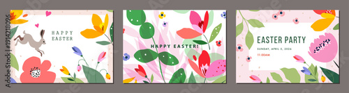 Easter horizontal greeting cards, posters. Floral templates in spring vibrant colors with spring flowers, Easter bunny, floral frames and backgrounds. For Birthday, Wedding, Baby invitations.