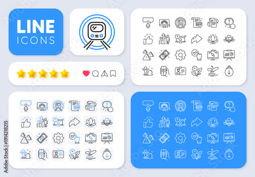 Payment card, Bureaucracy and Leaves line icons for web app. Message, Share, Like social media icons. Pack of New house, Lotus, Question button pictogram icons. Vector