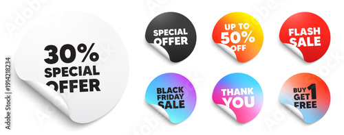 Discount sticker tag. Special offer paper price tags. 30 percent discount offer tag. Sale price promo sign. Special offer symbol. Discount, black friday sticker. Promo banner. Vector