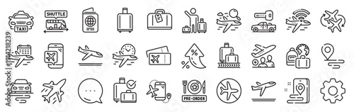 Airport line icons. Settings gear, Message, Inflation icons. Boarding pass, Baggage claim, Arrival and Departure. Connecting flight, tickets, pre-order food icons. Vector