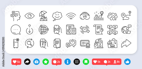 Outsource work, Roller coaster and Certificate line icons pack. Social media: share, comment, like icons. Help app, 5g internet, Petrol station web icon. Vector