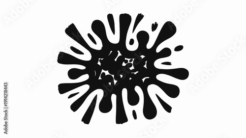 A black splatter design on a clean white background