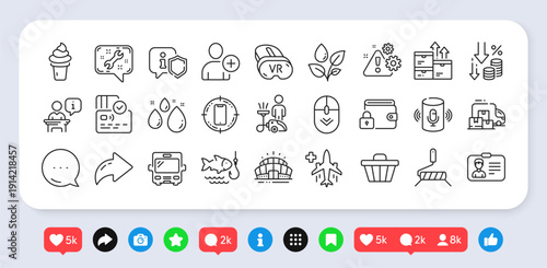 Water drop, Ice cream and Delivery truck line icons pack. Social media: share, comment, like icons. Voice assistant, Arena stadium, Cleaning web icon. Vector