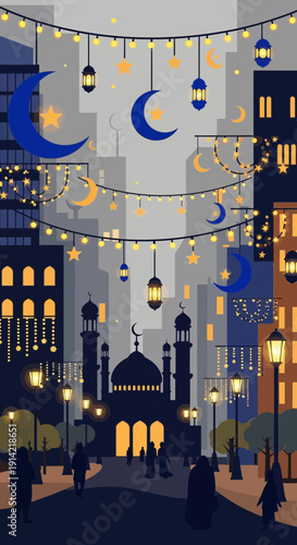 Cityscape with mosque and crescent moon decorations at night.