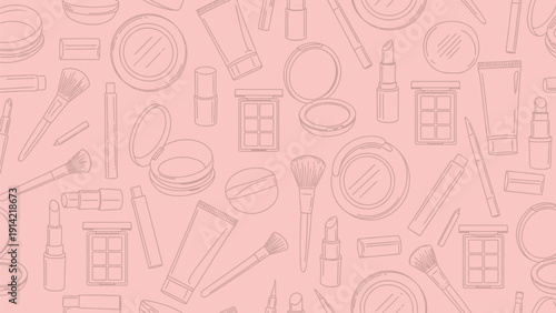 Seamless pattern of makeup items on a soft pink background. Items include lipsticks, compacts, eyeshadows, brushes, and tubes, conveying a feminine tone.