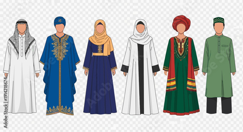 Diverse traditional clothing worn by men and women.
