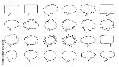 Collection of diverse speech and thought bubbles in outline style