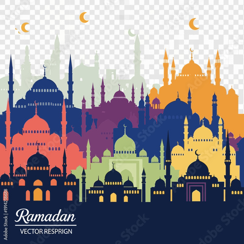 Colorful mosque silhouettes with crescent moons against a transparent background.