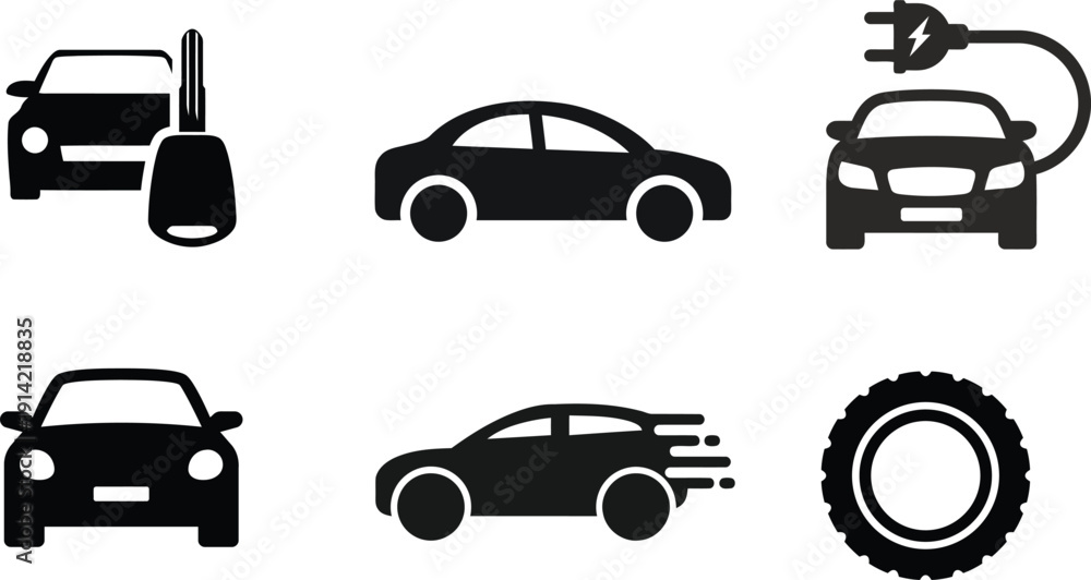 Fototapeta premium Collection of six black car silhouettes with various features