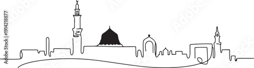 Single continuous line drawing Medina skyline Saudi Arabia. Famous city scraper landscape postcard print art. World travel destination concept. one line Icon drawing
