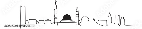 Single continuous line drawing Medina skyline Saudi Arabia. Famous city scraper landscape postcard print art. World travel destination concept. one line Icon drawing