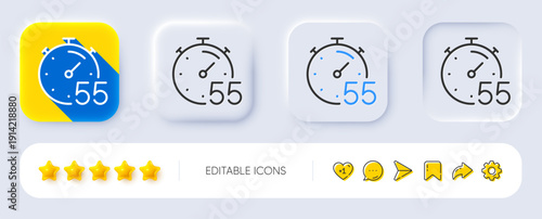 Timer 55 minutes line icon. Neumorphic, Flat shadow, 3d buttons. Stopwatch time sign. Countdown clock symbol. Line timer icon. Social media icons. Vector