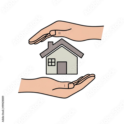 Home Security and Protection Icon: Hands Shielding a House Symbolizing Safety, Shelter, Insurance, Real Estate Investment, Property Care, and Residential Peace of Mind.